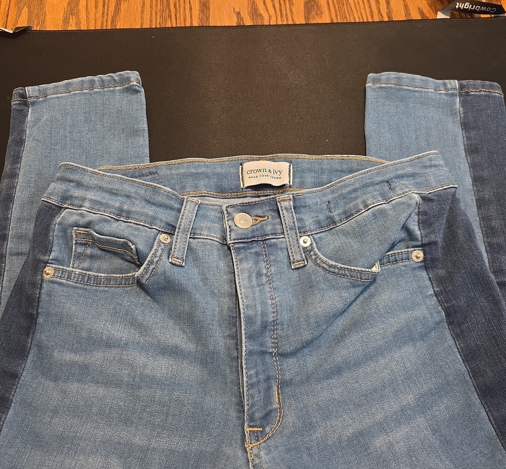 crown & ivy Two-Tone Light Blue and Dark Blue Denim Jeans